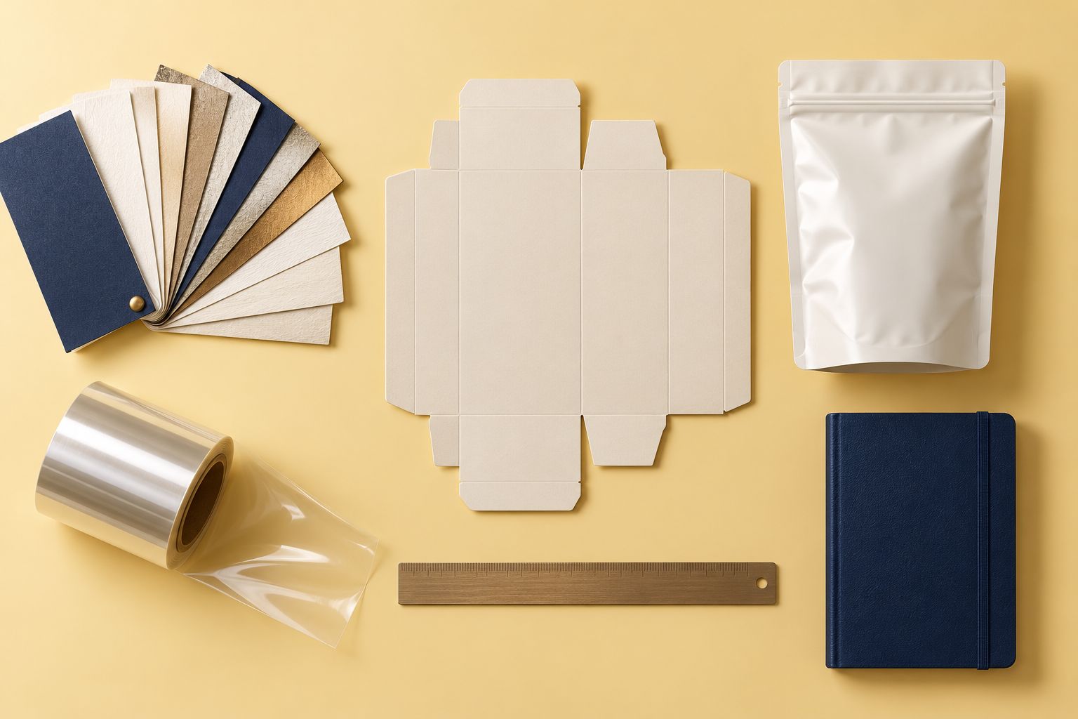 Board samples, a carton blank, a pouch, a film roll and a notebook on the work table