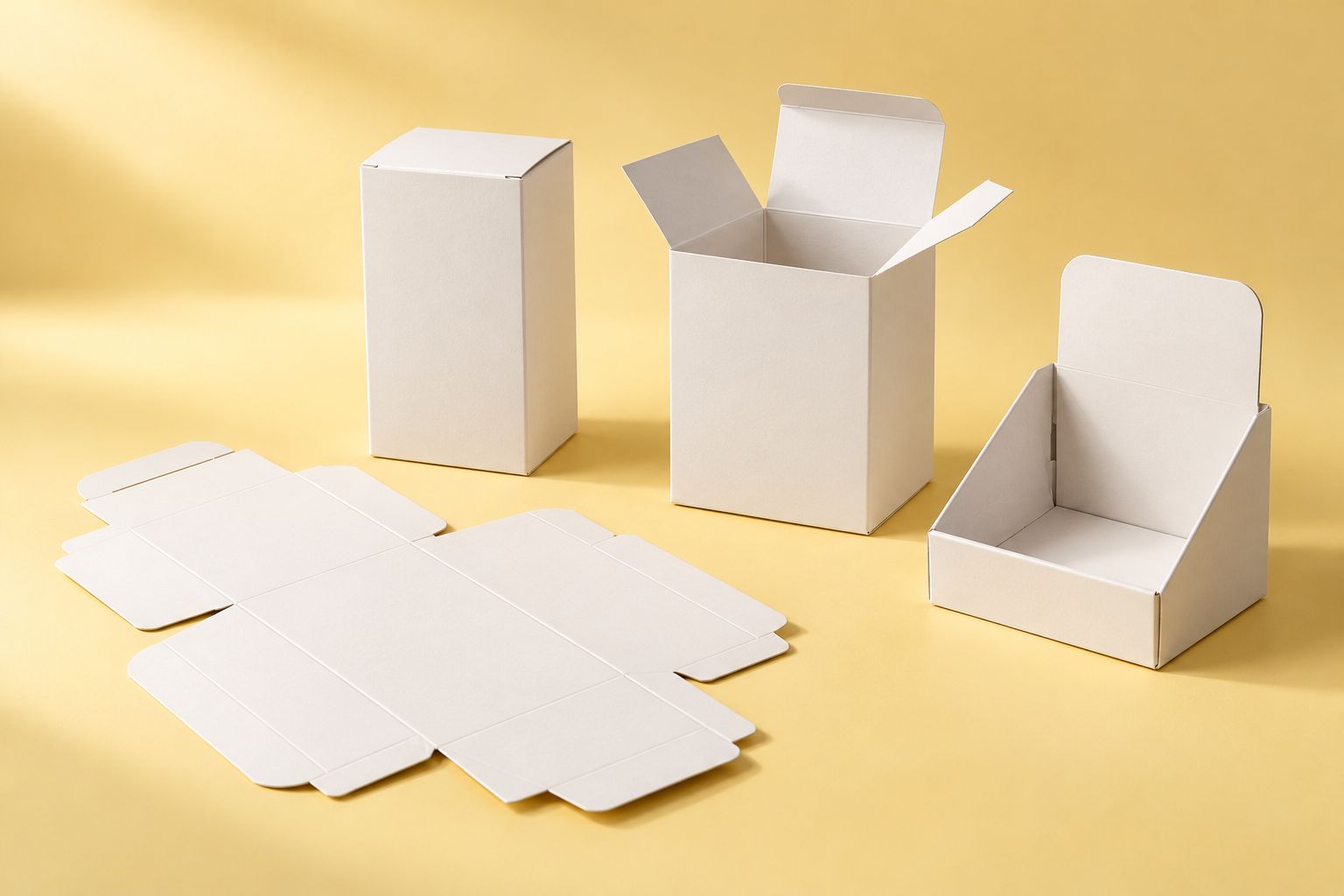 White board folding cartons, open and closed, with their blanks