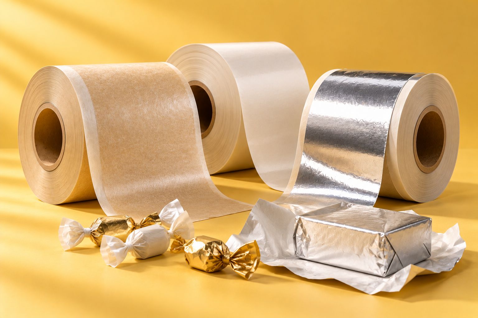 Technical papers on reels: kraft, white and aluminium-laminated, with wrapped products