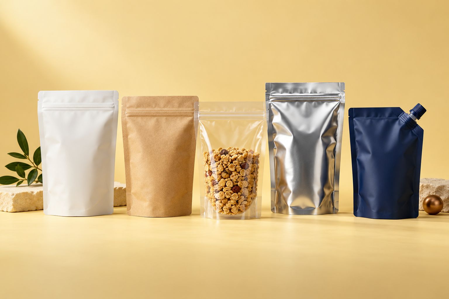 Doypack in carta, film trasparente e alluminio, con zip e tappo