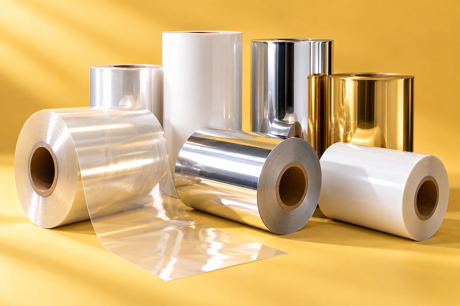 Reels of clear, metallised and white films