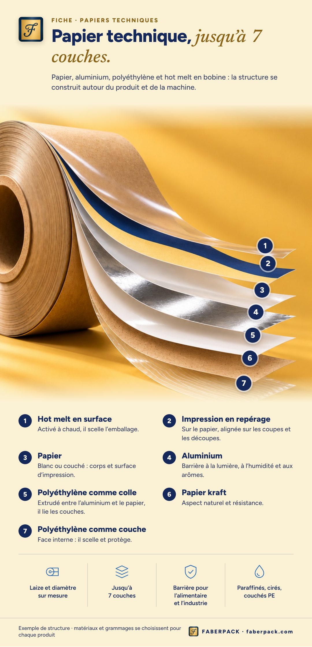 Fiche illustrée du papier technique jusqu’à 7 couches : hot melt, impression en repérage, papier, aluminium, polyéthylène comme colle et comme couche, papier kraft