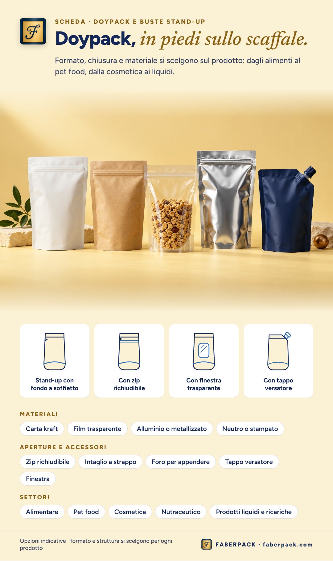 Scheda illustrativa dei doypack: formati, materiali, aperture e accessori, settori