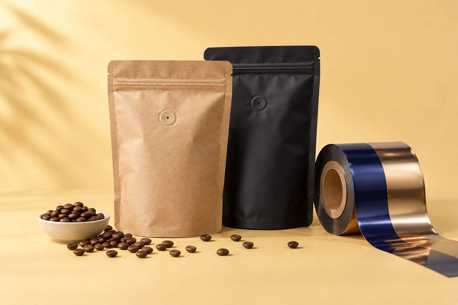 Buste per caffè in kraft e nere con valvola, bobina e chicchi