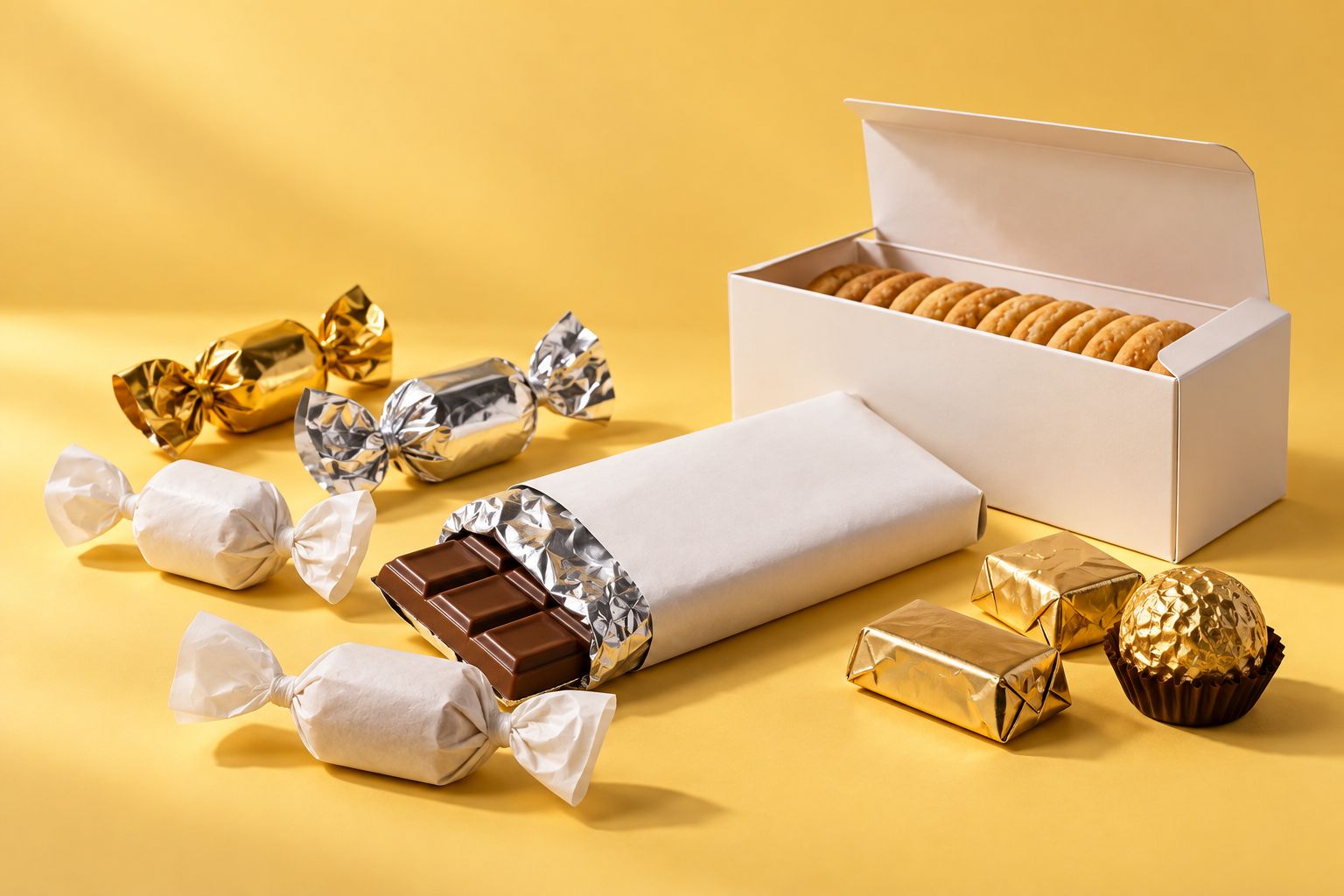 Caramelle incartate, cioccolato in carta e alluminio, astuccio di biscotti