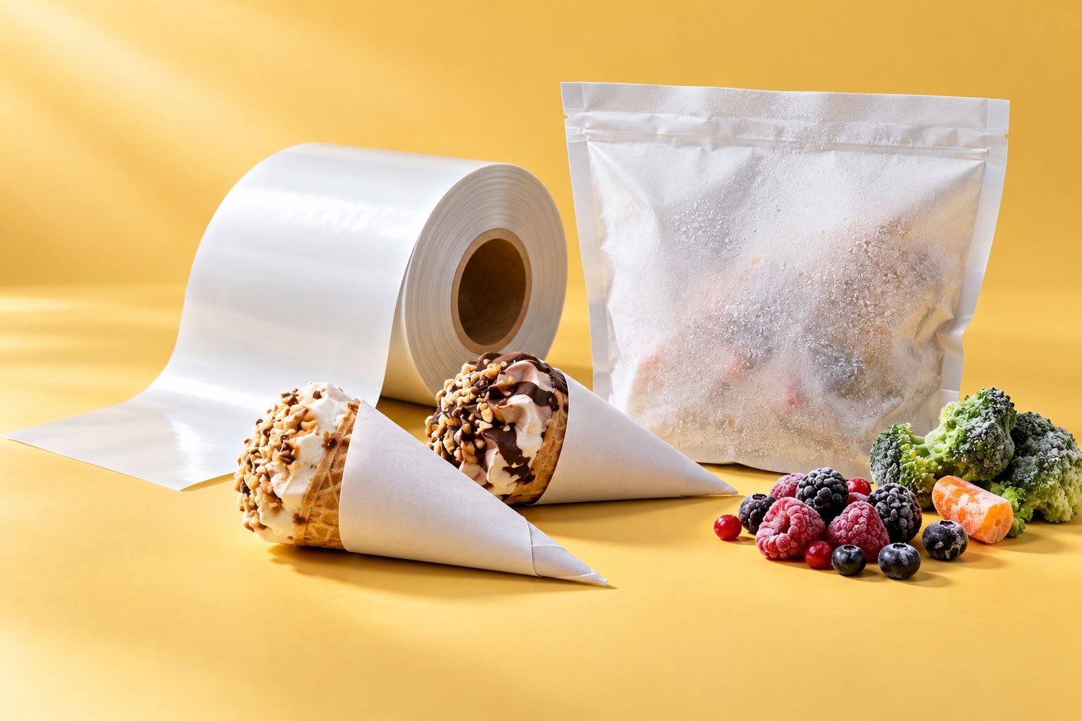 Wrapped ice cream cones, a frozen food bag and a paper reel