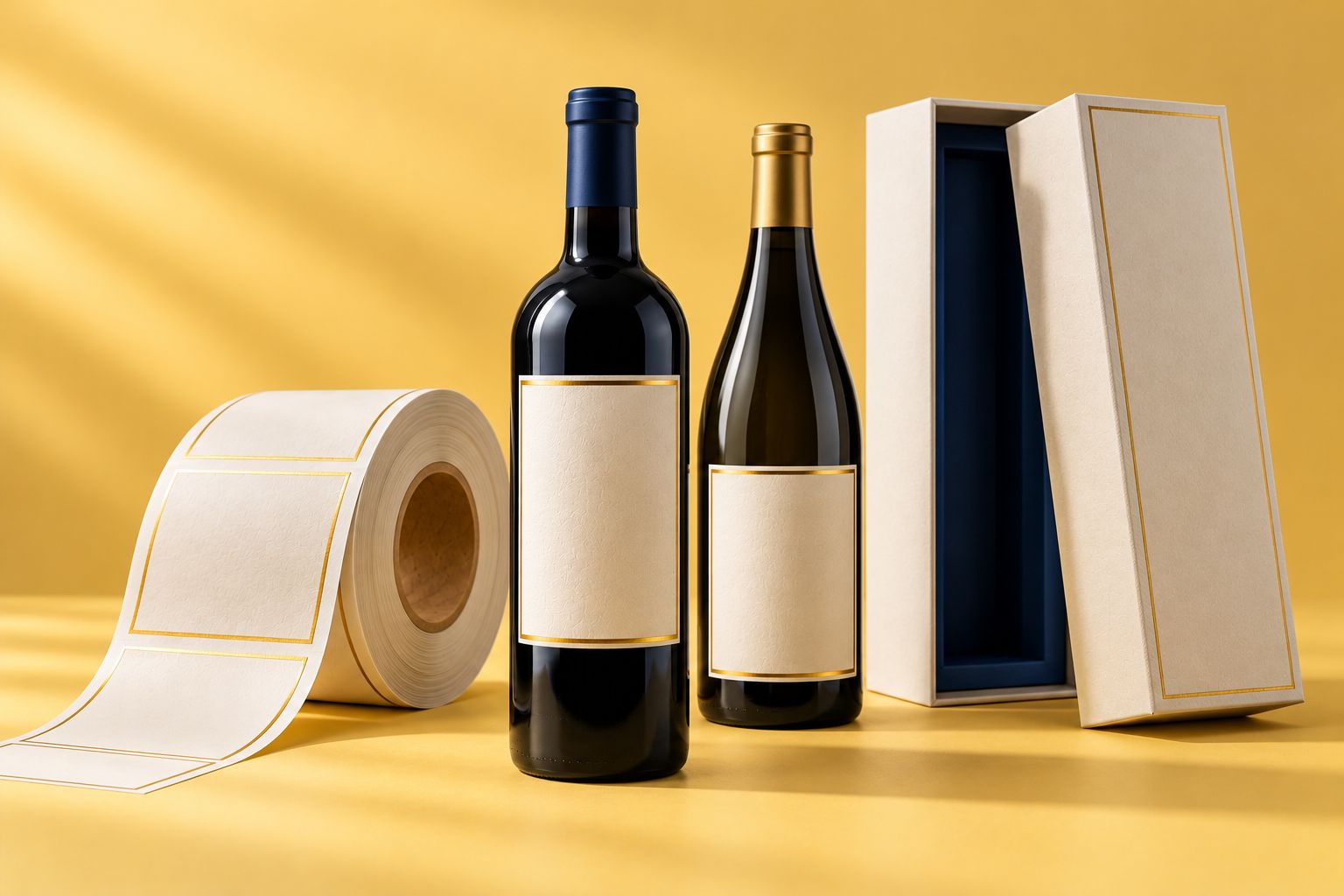 Wine bottles with labels, a label roll and a gift carton